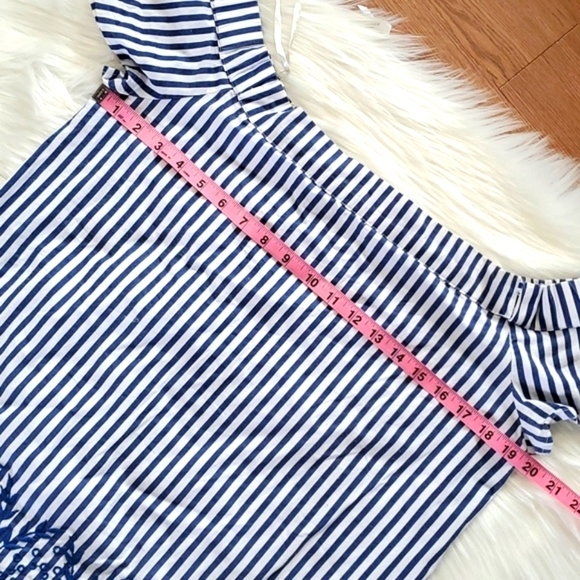 Dizzylizzy Navy Blue Striped Scoop Neck Off Shoulder Nautical Embroidered Top M - Picture 12 of 17